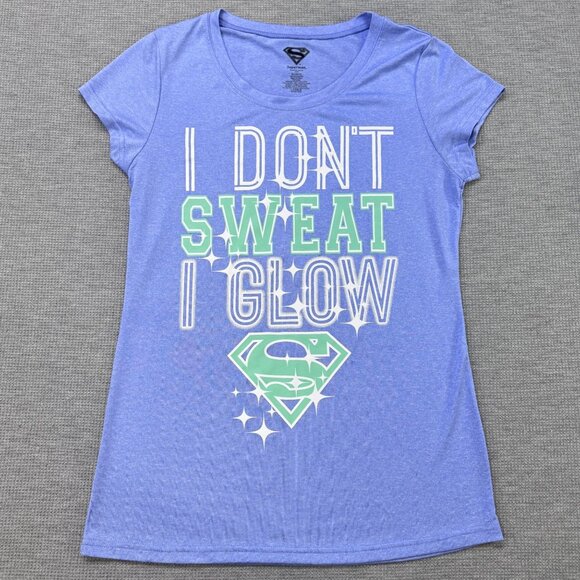 Superman Womens XL Athletic Tee Shirt "I Dont Sweat I Glow" Blue Graphic Print - Picture 3 of 11